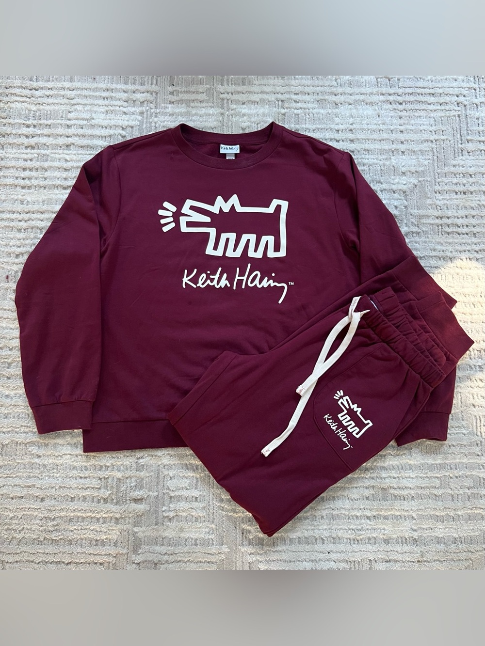 Keith Haring Women’s Maroon Jogger Set Elastic Waist Drawstring Sz Medium